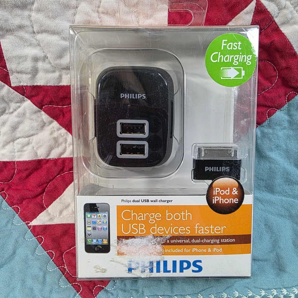 Philips Dual USB Wall Charger DLM2241/17 Black with 30-Pin Cable for iPod iPhone